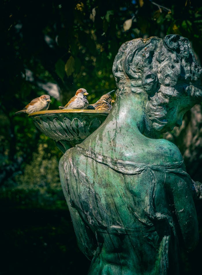A bronze statue holds a bowl with birds bathing in daylight, outdoors setting.